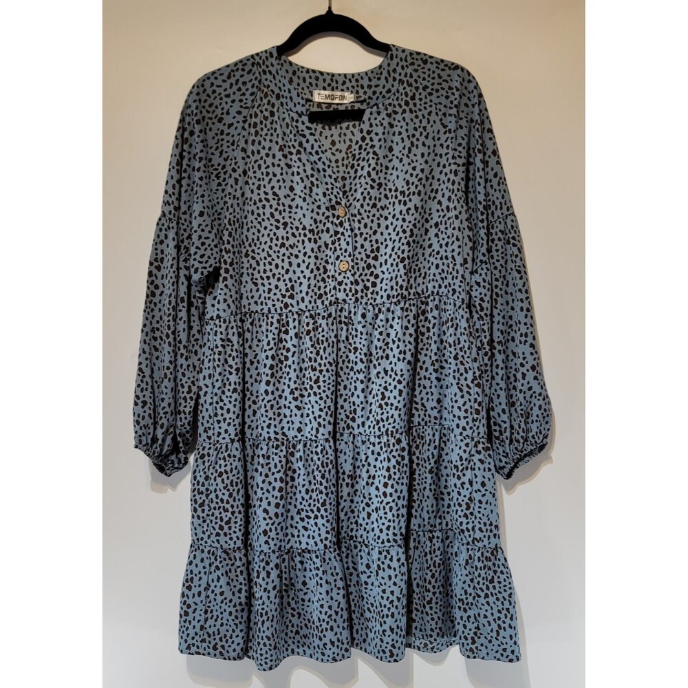 TEMOFON Blue/Brown Animal Print‎ Tiered Mini Dress Long Sleeve Size S